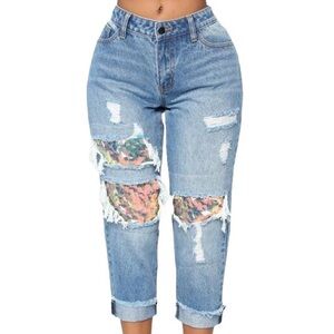 Fashion Nova Under the Sea Sequin Distressed Cropped High Rise Jeans 9